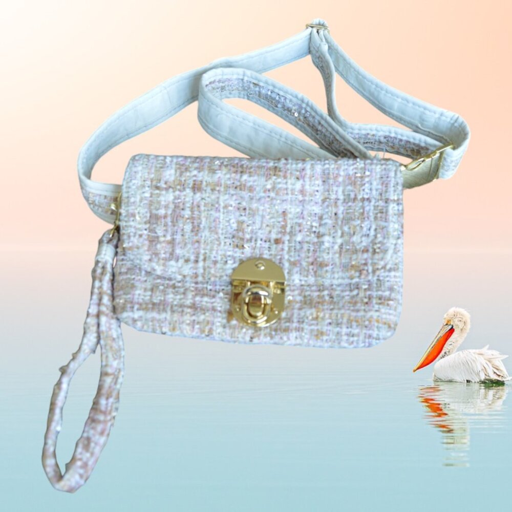 MY TAGALONGS Cream Gold Plaid Woven Crossbody Wristlet Belt Bag